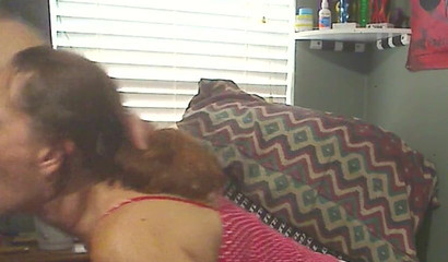 Mature brunette gorging on Dom Cumins's jizz-shooting rod