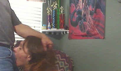 Mature brunette gorging on Dom Cumins's jizz-shooting rod