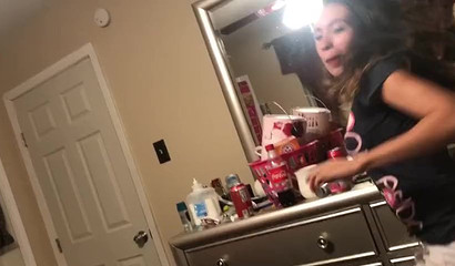 Kinky brunette caught deepthroating her stepbrother's small dick