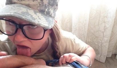 Blonde teen in army uniform sucking a fat dick POV