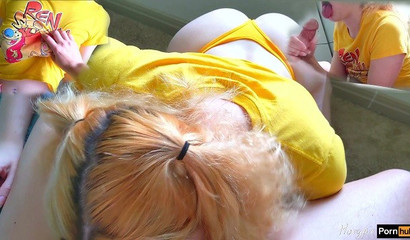 Slutty teen on her knees deepthroating and sucking a dick