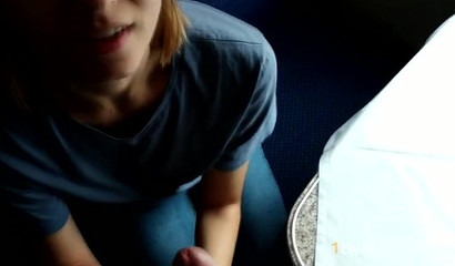 Amateur brunette teen swallowing cum in a public train