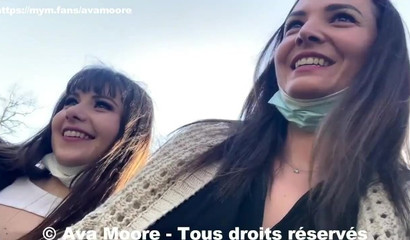 College chicks Luna Rival and avamoorexxx giving a blowjob in public