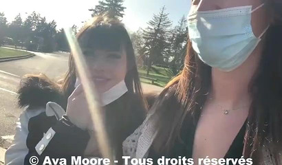 College chicks Luna Rival and avamoorexxx giving a blowjob in public