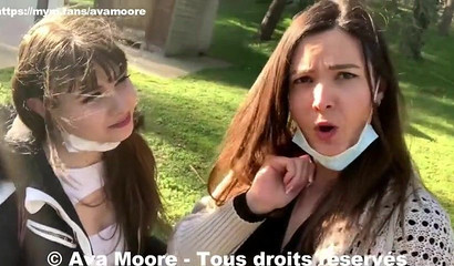 College chicks Luna Rival and avamoorexxx giving a blowjob in public