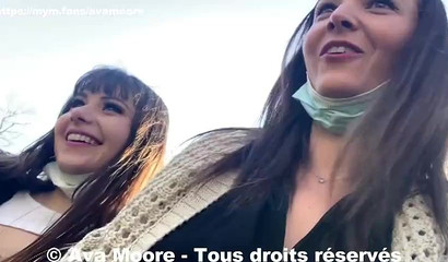 College chicks Luna Rival and avamoorexxx giving a blowjob in public