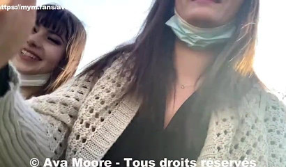 College chicks Luna Rival and avamoorexxx giving a blowjob in public