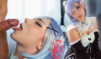 Blue-haired maid gets facialed after being banged hard