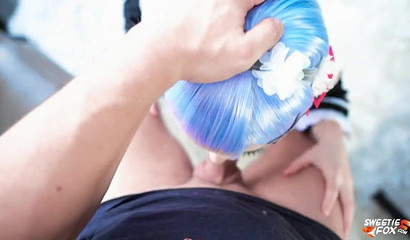 Blue-haired maid gets facialed after being banged hard