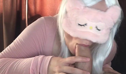 Blonde kitten sucking a monster white dick in POV