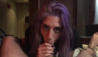 Teen with a nose ring feeds herself with her stepbrother's dick