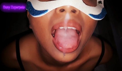 Masked ebony receives a facial cumshot in POV