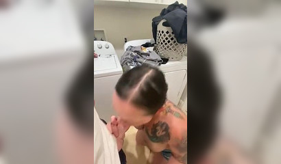 Inked hotwife Mandie Starr milking and blowing a dick in the washroom