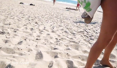 Intense beach blowbang with skinny Cap d'Agde and a couple of large dicks