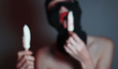 Sexy ASMR blowjob with ice cream from a girl in a balaclava