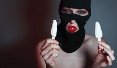 Sexy ASMR blowjob with ice cream from a girl in a balaclava