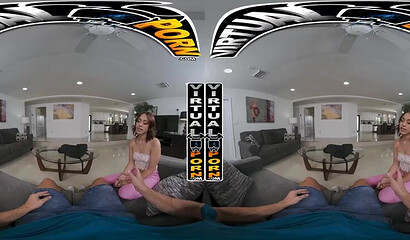 POV virtual room with a nasty chick sucking and riding a cock