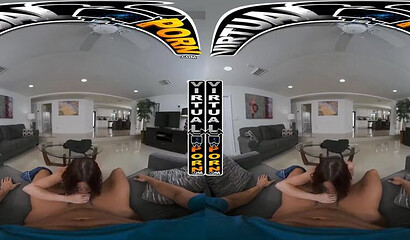 POV virtual room with a nasty chick sucking and riding a cock