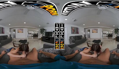 POV virtual room with a nasty chick sucking and riding a cock