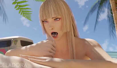 Arousing animation with a blonde doll sucking a cock at the beach