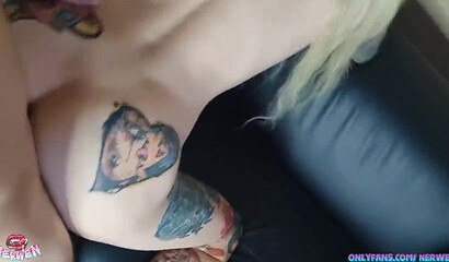 Horny tattooed blonde rides her friend's cock with a cumshot in mouth