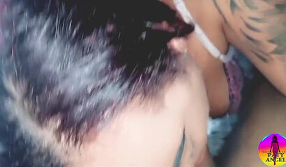 Her thick thighs shiver while a dick goes deep into her mouth