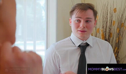 Horny milf with fake tits sucks off her handsome stepson in the living room