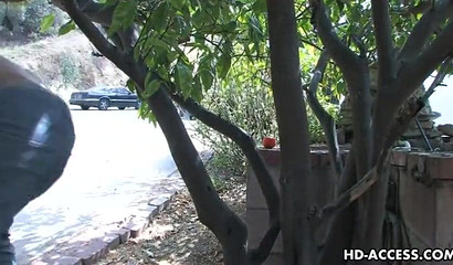 Redhead chick Leighlani Red gives a deepthroat blowjob to her neighbor