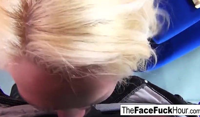 Slutty blonde gets face fucked by big black and white cocks