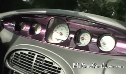 Brunette bitch with tiny tits gets intimate in a expensive car