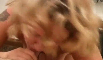 Chubby tattooed chick holds her big tits while getting cumshot