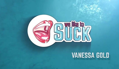 Hot blonde chick Vanessa Gold teasing and sucking big boner