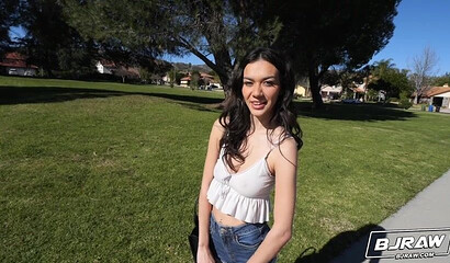 Skinny brunette is sucking a big thick cock like a real slut