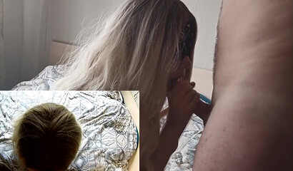 Beautiful blonde in a mask gave a blowjob and got my cum in her mouth