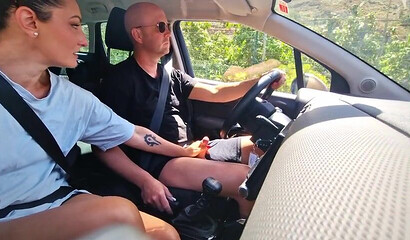 Sloppy car blowjobs make the naughty brunette aroused and wet