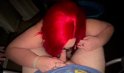 Redhead BBW in glasses is sucking small dick in amateur porn video