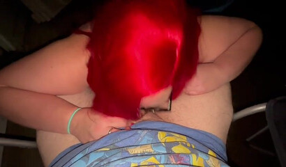 Redhead BBW in glasses is sucking small dick in amateur porn video