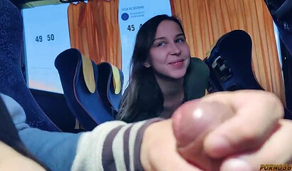 Bus rider jerks off, neighbor girl jumps in for urgent blowjob