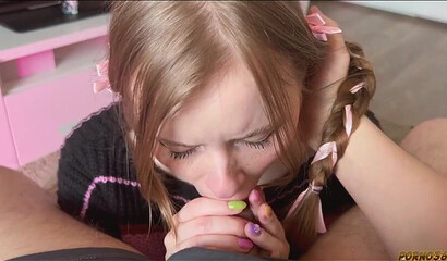 Green-eyed beauty’s reluctant cum-reward blowjob