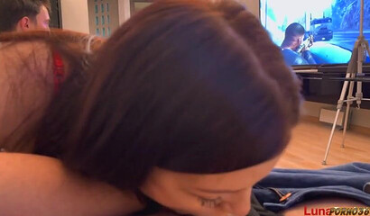 He’s gaming, so she’s giving his friend head.