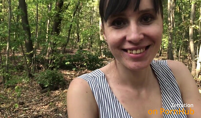 Married Brunette Friend Gets a Blowjob in the Woods