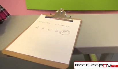 Naughty schoolgirl Athena Summers sucks on fat dick in classroom