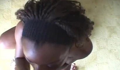 Curly haired ebony with skinny body enjoys POV blowjob