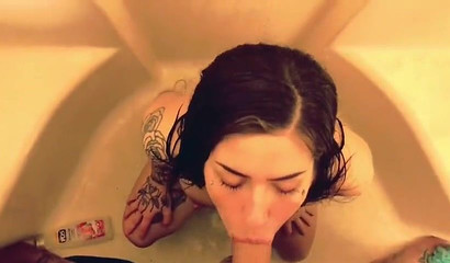 Tattooed teenage slut takes massive facial cumshot after sucking cock