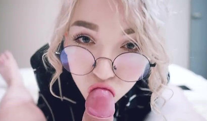 Blonde teen in stockings seducing her BF and gives him amazing blowjob