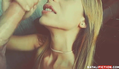 Skinny sweetie with long hair gives blowjob and handjob