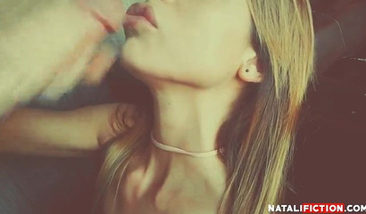 Skinny sweetie with long hair gives blowjob and handjob