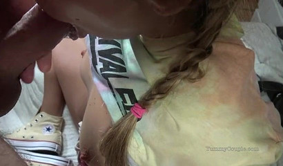 Dirty teen with tiny tits enjoys cock sucking and tries sticky sperm