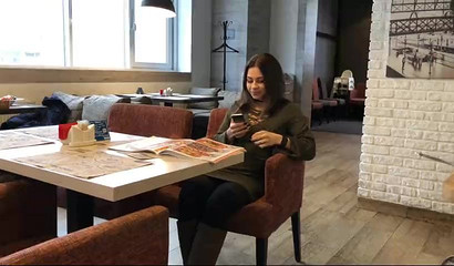 Hot brunette giving amazing public blowjob at the caffee