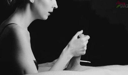 Horny babe Cherry Grace gives passionate blowjob in black and white